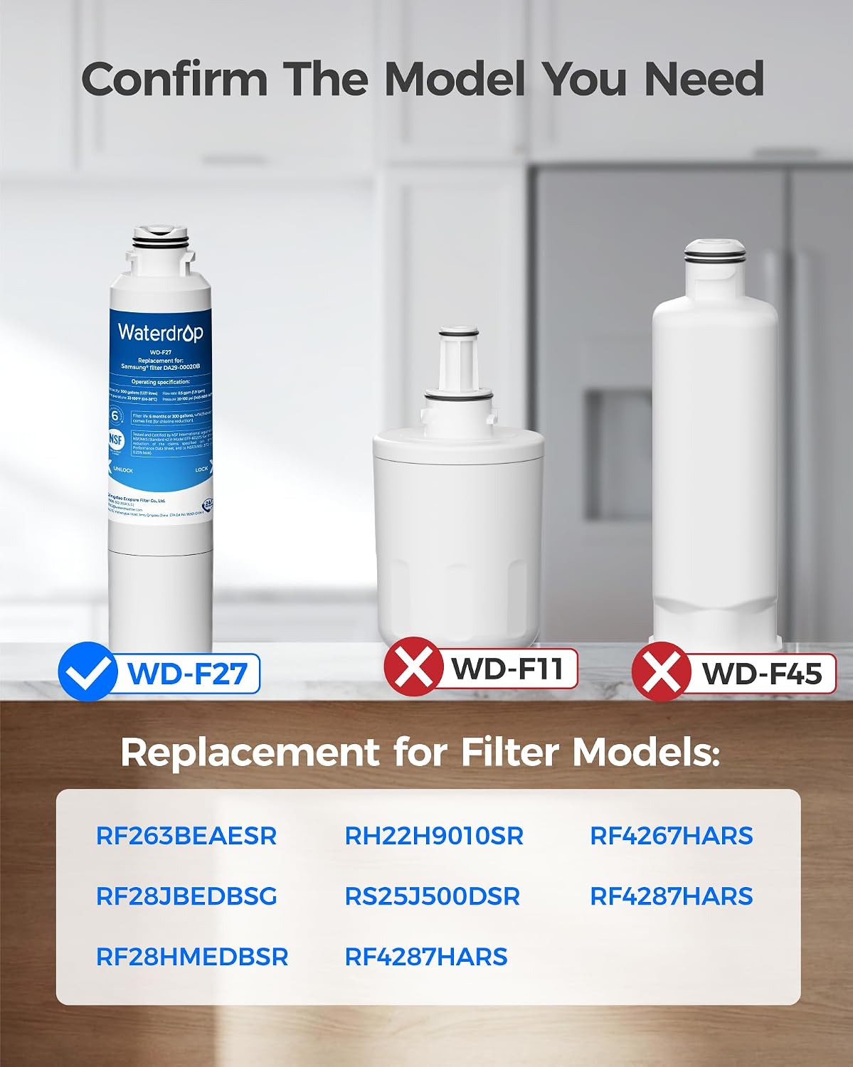 Waterdrop WD-F27 Replacement for Samsung® Refrigerator Water Filter HAF-CIN/EXP, DA29-00020B, HAF-CIN, RF28HMEDBSR, RF263BEAESR, RS25J500DSR, RF263TEAESG, HDX FMS-2, DA97-08006A-1, 3 Pack